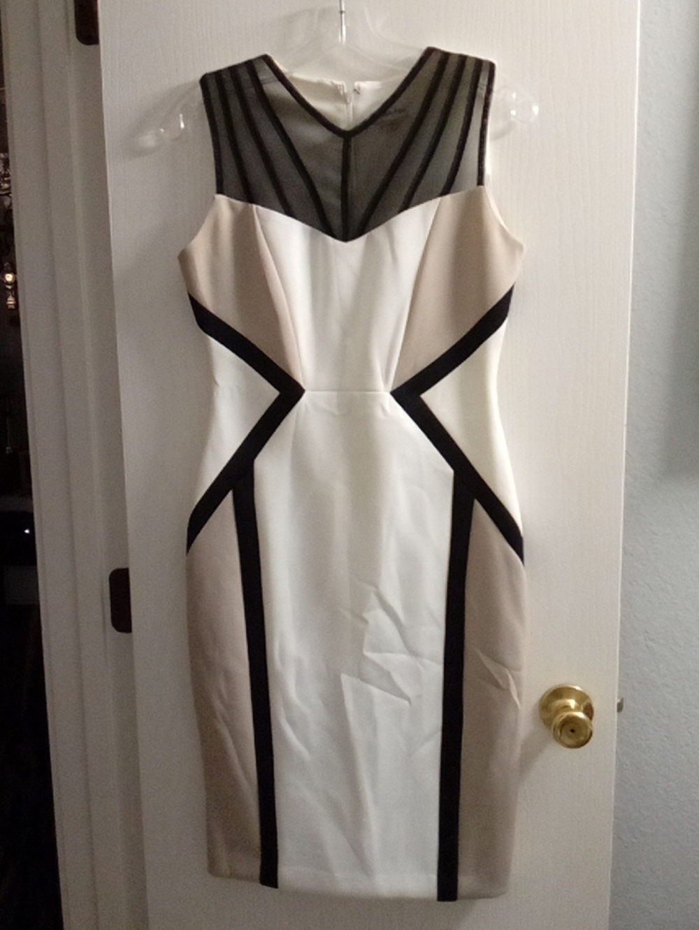 Calvin Klein Beige, White & Black Sheath Dress with Sheer Yoke